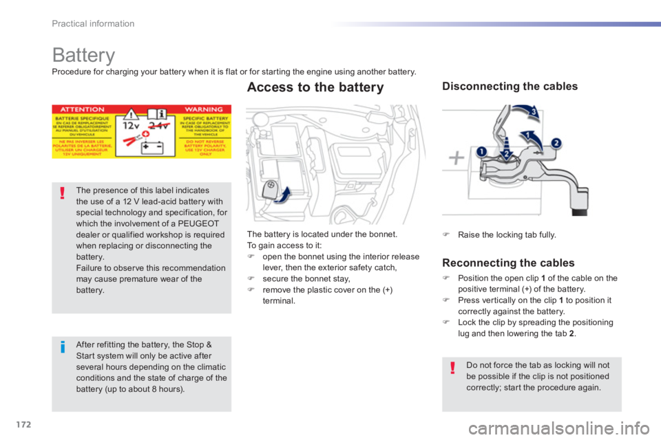 PEUGEOT 2008 2013  Owners Manual 172
Practical information
   
 
 
 
Battery 
The presence of this label indicatesthe use of a 12 V lead-acid battery withspecial technology and specification, for which the involvement of a PEUGEOT de