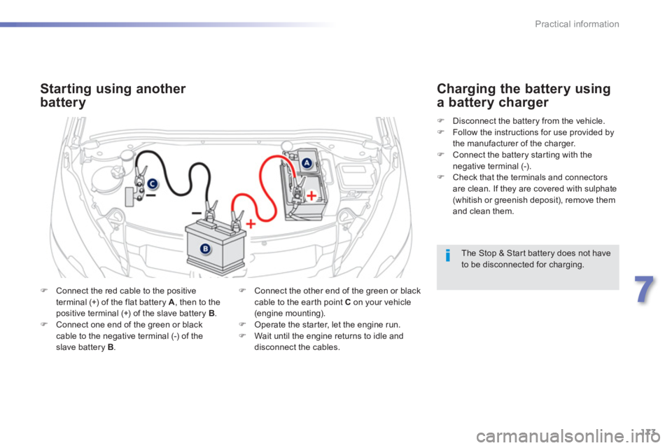 PEUGEOT 2008 2013  Owners Manual 173
7
Practical information
   
The Stop & Start battery does not have to be disconnected for charging.
Starting using another 
battery
�)Connect the red cable to the positive
terminal (+) of the flat