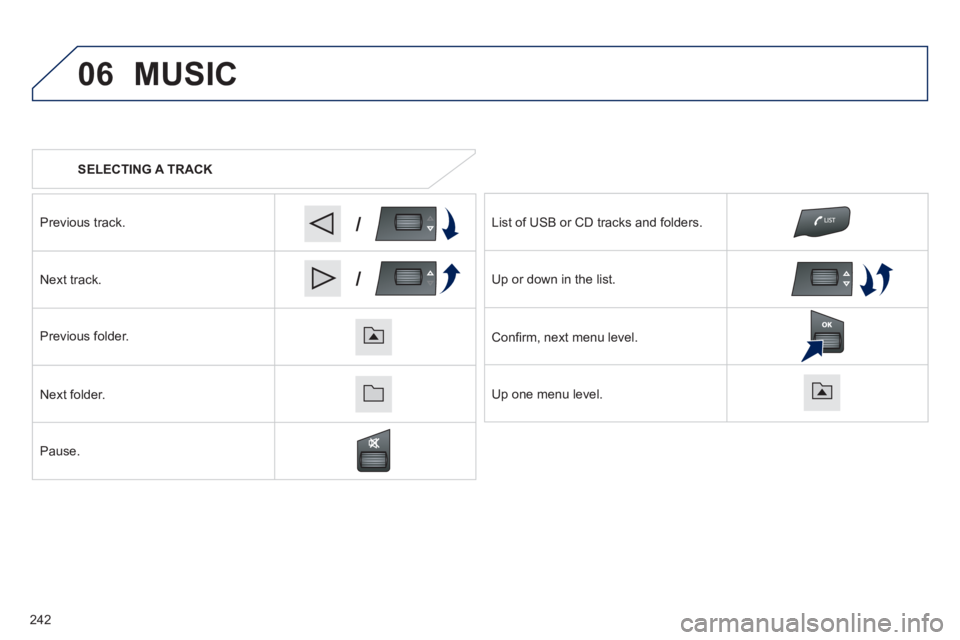 PEUGEOT 2008 2013  Owners Manual 06
/
/
   
 
SELECTING A TRACK
Pr
evious track.
Next track.  
Pr
evious folder.   
N
ext folder.   
Pause.  List o
f USB or CD tracks and folders.  
  Up or down in the list.
  Conﬁ rm, next menu le