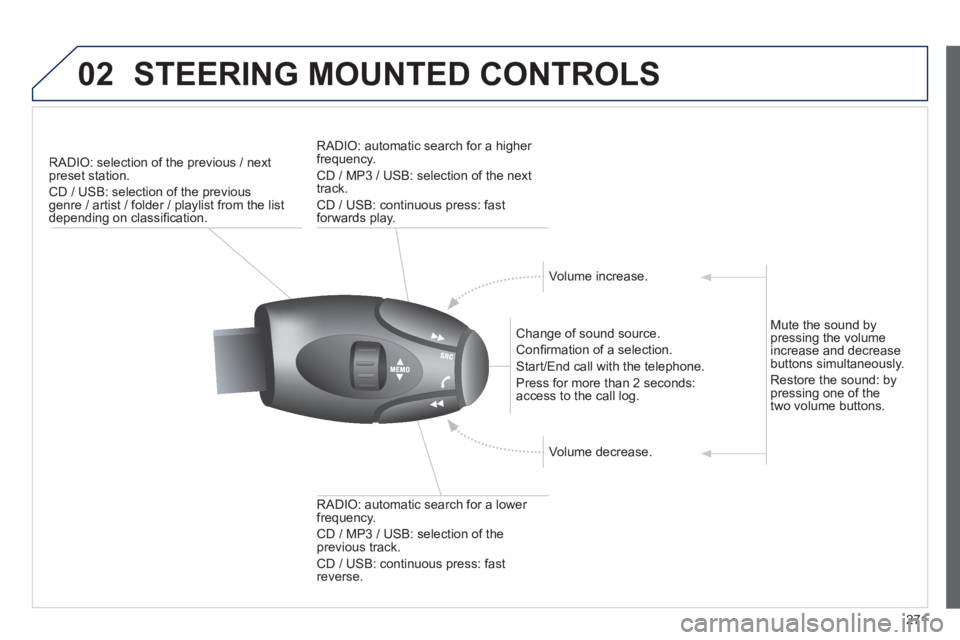 PEUGEOT 2008 2013  Owners Manual 02STEERING MOUNTED CONTROLS
271
RADIO: selection of the previous / nextpreset station.
  CD / USB: selection of the previous
genre / artist / folder / playlist from the list 
depending on classiﬁ ca