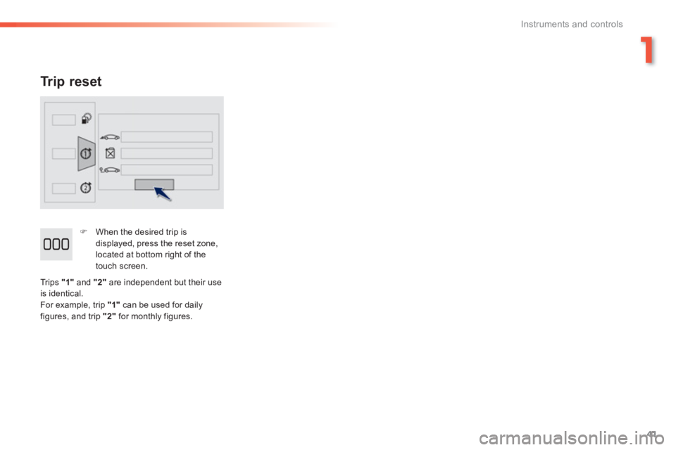 PEUGEOT 2008 2013  Owners Manual 1
41
Instruments and controls
   
Tr ip reset 
�) 
  When the desired trip is
displayed, press the reset zone, located at bottom right of the 
touch screen.  
  Trips  
"1" 
 and  "2"are independent b