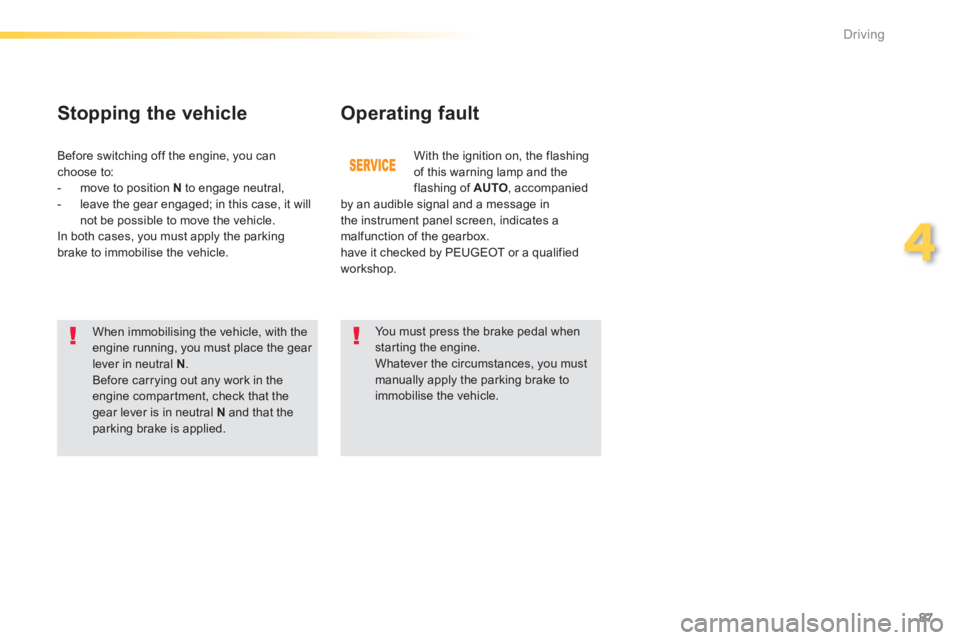 PEUGEOT 2008 2013  Owners Manual 87
4
Driving
Operating fault 
   When immobilising the vehicle, with theengine running, you must place the gear lever in neutral  N 
.  
Before carrying out any work in theengine compar tment, check t