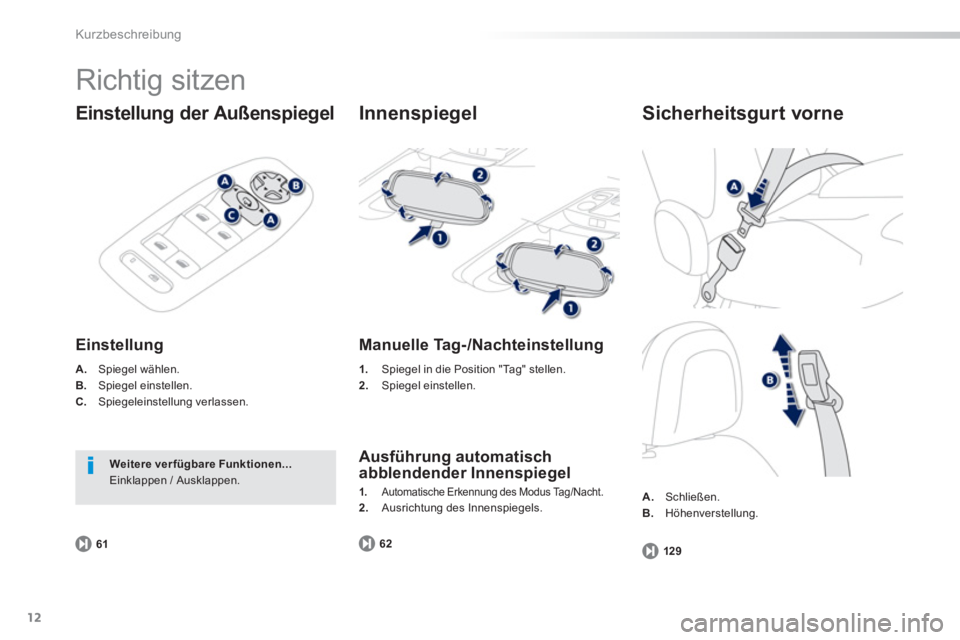 PEUGEOT 2008 2013  Betriebsanleitungen (in German) 12
Kurzbeschreibung
  Richtig sitzen 
Einstellung der Außenspiegel
Einstellung 
A. 
 Spiegel wählen .B. 
 Spiegel einstellen. 
C.Spiegeleinstellung verlassen.  
 
6
1
Weitere ver fügbare Funktionen