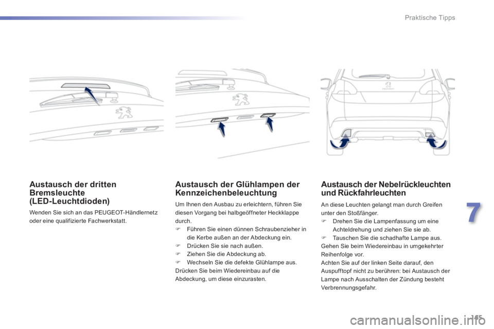 PEUGEOT 2008 2013  Betriebsanleitungen (in German) 165
7
Praktische Tipps
   
 
 
 
 
 
Austausch der dritten 
Bremsleuchte
(LED-Leuchtdioden)
  Wenden Sie sich an das PEUGEOT- Händlernetzoder eine qualifizier te Fachwerkstatt.  
 
Austausch der Glü