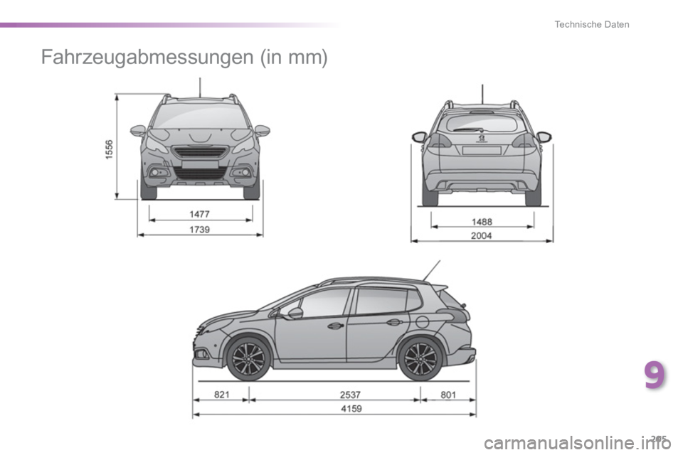 PEUGEOT 2008 2013  Betriebsanleitungen (in German) 9
205
Technische Daten
   
 
 
 
Fahrzeugabmessungen (in mm)  