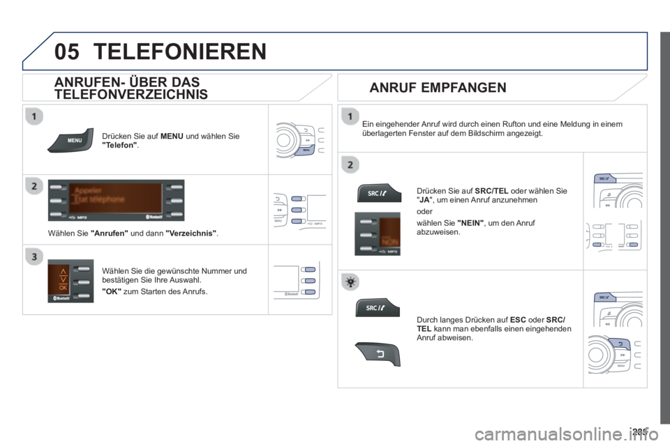 PEUGEOT 2008 2013  Betriebsanleitungen (in German)  
  
05TELEFONIEREN
Drücken Sie auf  MENUund wählen Sie"Telefon" .
Wählen Sie "Anrufen" 
 und dann "Verzeichnis".
Ein eingehender Anruf wird durch einen Rufton und eine Meldung in einem überlagert