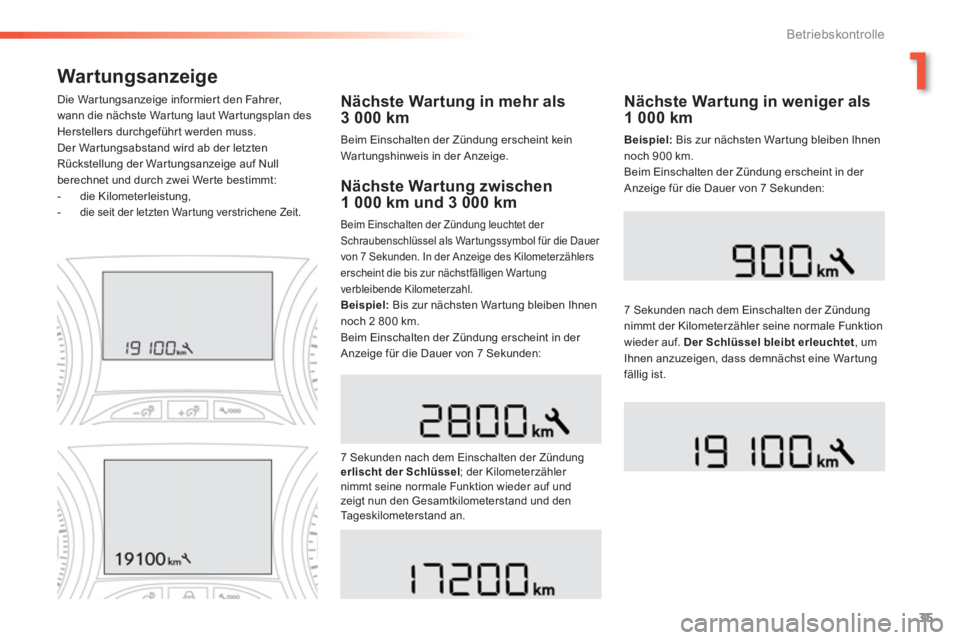 PEUGEOT 2008 2013  Betriebsanleitungen (in German) 1
35
Betriebskontrolle
War tungsanzeige
Nächste Wartung in mehr als 3 000 km
Beim Einschalten der Zündung erscheint kein Wartungshinweis in der Anzeige.      
Die Wartun
gsanzeige informier t den Fa