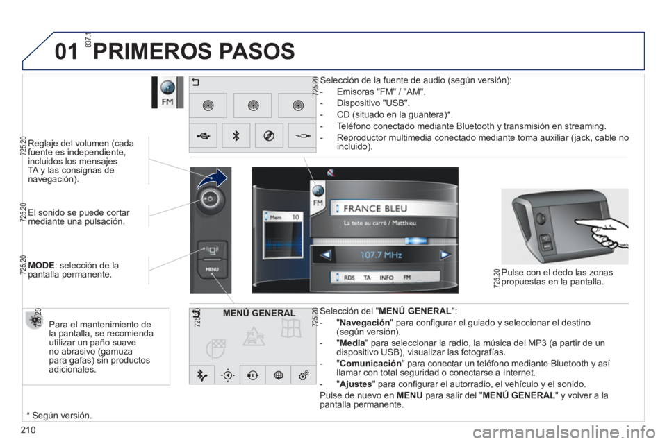 PEUGEOT 2008 2013 Manual del propietario (in Spanish) 01
210
El sonido se puede cortar mediante una pulsación.
MOD
E: selección de la pantalla permanente.
Reglaje del volumen
(cada fuente es independiente,
incluidos los mensajesTA y las c PEUGEOT 2008 2013 Manual del propietario (in Spanish) 01
210
El sonido se puede cortar mediante una pulsación.
MOD
E: selección de la pantalla permanente.
Reglaje del volumen
(cada fuente es independiente,
incluidos los mensajesTA y las c