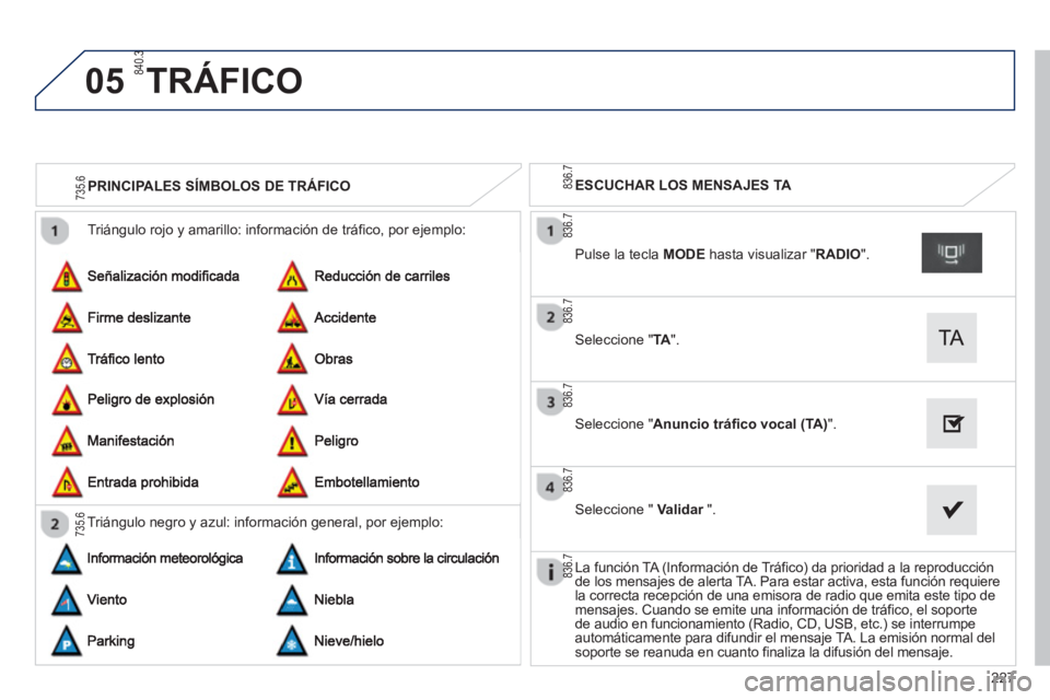 PEUGEOT 2008 2013  Manual del propietario (in Spanish) 05
227
  Triángulo rojo y amarillo: información de tráfico, por ejemplo: 
PRINCIPALES SÍMBOLOS DE TRÁFICO
Trián
gulo negro y azul: información general, por ejemplo:
ESCUCHAR LOS MENSAJES TA   
