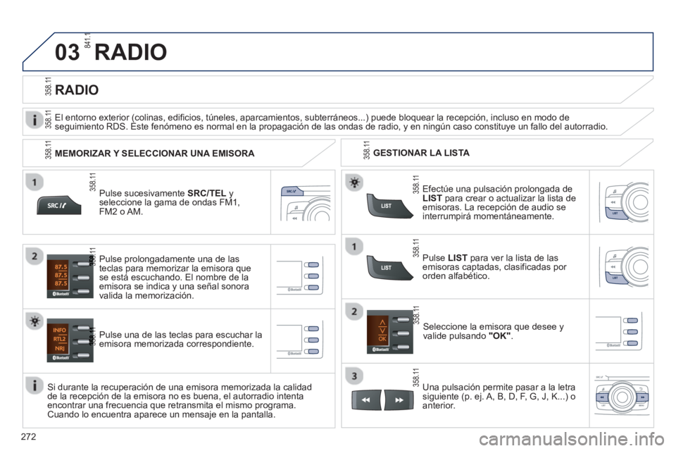PEUGEOT 2008 2013 Manual del propietario (in Spanish) 03
272
RADIO
Pulse sucesivamenteSRC/TELy
seleccione la gama de ondas FM1,FM2 o AM.
Pulse una de las teclas para escuchar la emisora memorizada correspondiente.
Seleccione la emisora que desee
yv PEUGEOT 2008 2013 Manual del propietario (in Spanish) 03
272
RADIO
Pulse sucesivamenteSRC/TELy
seleccione la gama de ondas FM1,FM2 o AM.
Pulse una de las teclas para escuchar la emisora memorizada correspondiente.
Seleccione la emisora que desee
yv