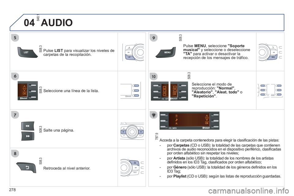 PEUGEOT 2008 2013 Manual del propietario (in Spanish) 04
278
Seleccione una línea de la lista.
Salte una pá
gina.
P
ulse MENU, seleccione "Soportemusical"
y seleccione o deseleccione "TA"
para activar o desactivar larecepción de los mensaj PEUGEOT 2008 2013 Manual del propietario (in Spanish) 04
278
Seleccione una línea de la lista.
Salte una pá
gina.
P
ulse MENU, seleccione "Soportemusical"
y seleccione o deseleccione "TA"
para activar o desactivar larecepción de los mensaj