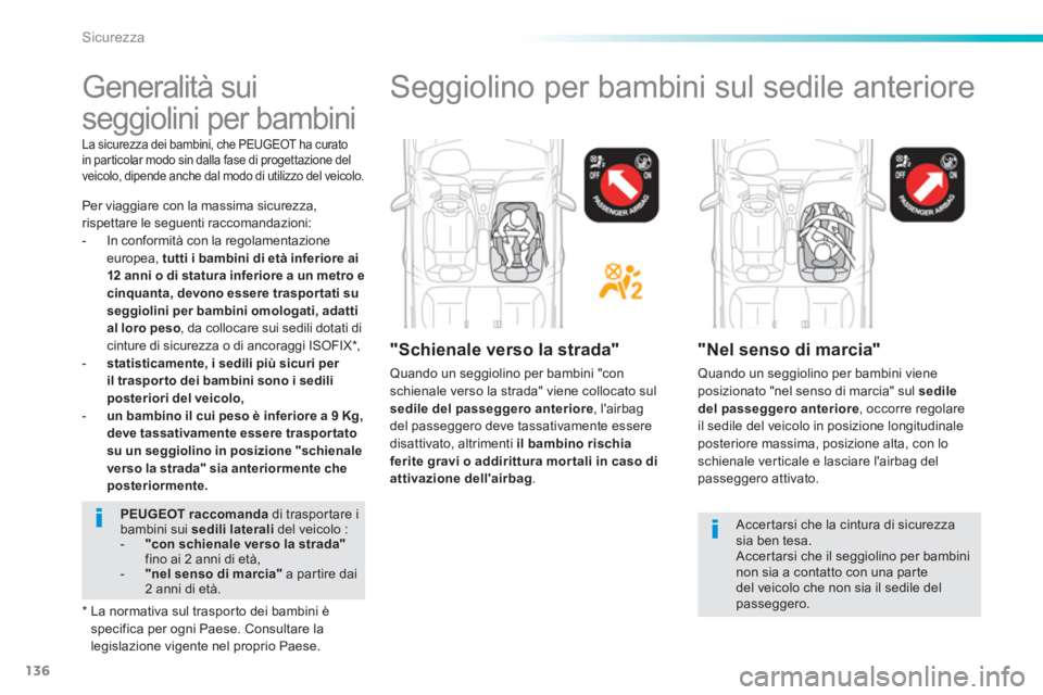 PEUGEOT 2008 2013  Manuale duso (in Italian) 136
Sicurezza
   
 
 
 
 
 
 
 
Generalità sui 
seggiolini per bambini  
Per viaggiare con la massima sicurezza,rispettare le seguenti raccomandazioni:
-  In conformità con la regolamentazioneeurope
