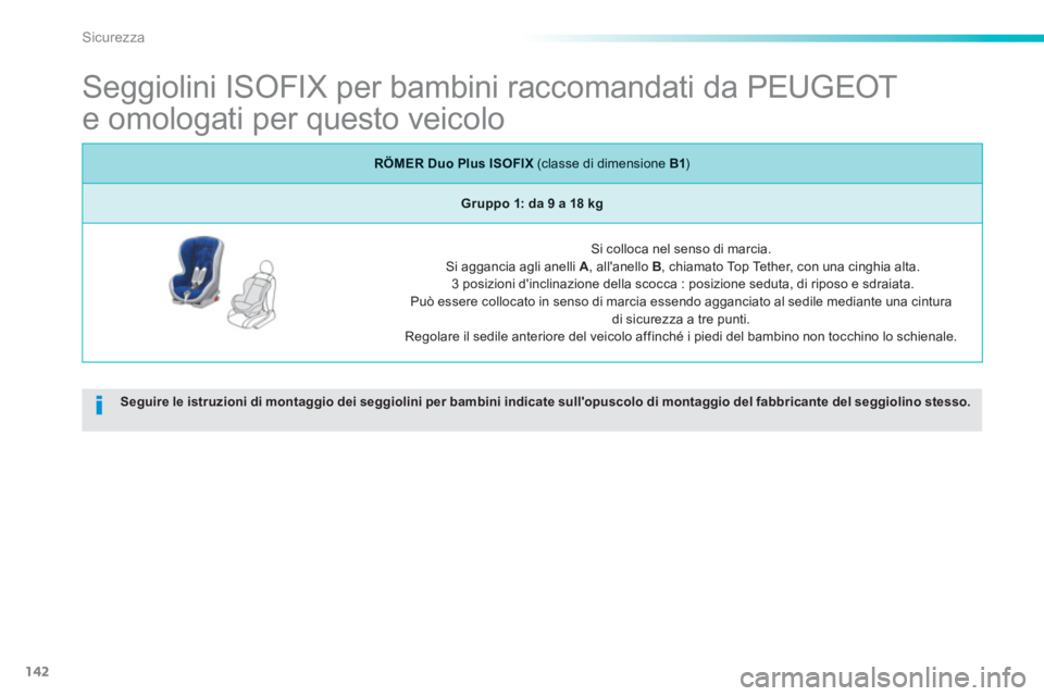 PEUGEOT 2008 2013  Manuale duso (in Italian) 142
Sicurezza
   
 
 
 
 
 
 
 
 
 
Seggiolini ISOFIX per bambini raccomandati da PEUGEOT 
e omologati per questo veicolo 
Seguire le istruzioni di montaggio dei seggiolini per bambini indicate sullo