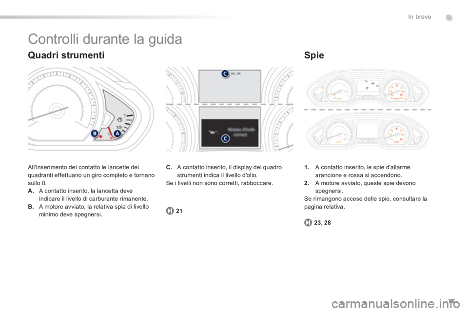 PEUGEOT 2008 2013  Manuale duso (in Italian) .
15
In breve
  Controlli durante la guida 
 Allinserimento del contatto le lancette dei quadranti effettuano un giro completo e tornano sullo 0.A.A contatto inserito, la lancetta deve indicare il li
