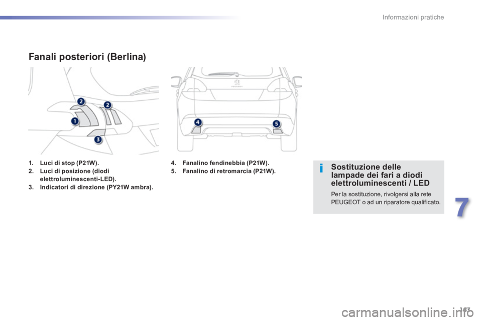 PEUGEOT 2008 2013  Manuale duso (in Italian) 163
7
Informazioni pratiche
1.Luci di stop (P21W).2.Luci di posizione (diodielettroluminescenti-LED).3.Indicatori di direzione (PY21W ambra).
Fanali posteriori (Berlina)
   
 
Sostituzione delle lampa