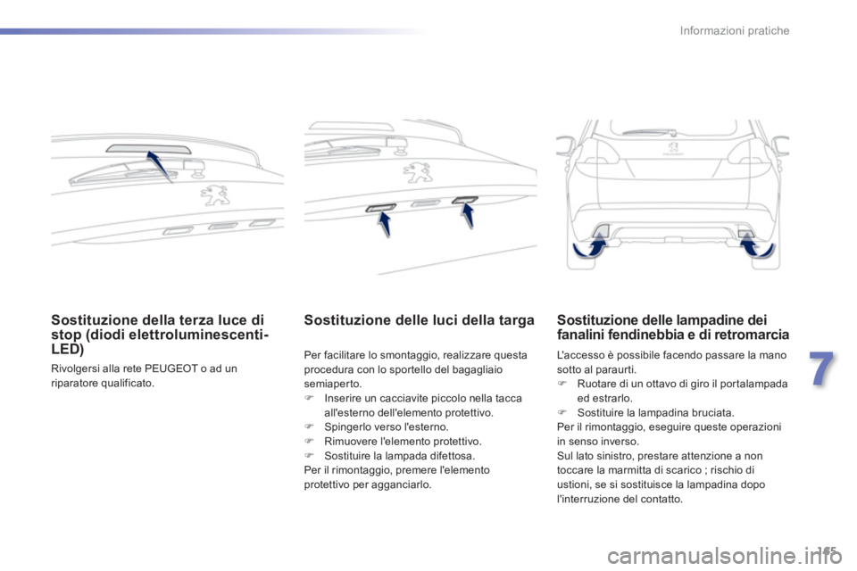 PEUGEOT 2008 2013  Manuale duso (in Italian) 165
7
Informazioni pratiche
Sostituzione della terza luce di 
stop (diodi elettroluminescenti-LED)
  Rivolgersi alla rete PEUGEOT o ad un 
riparatore qualificato.  
 
Sostituzione delle luci della tar