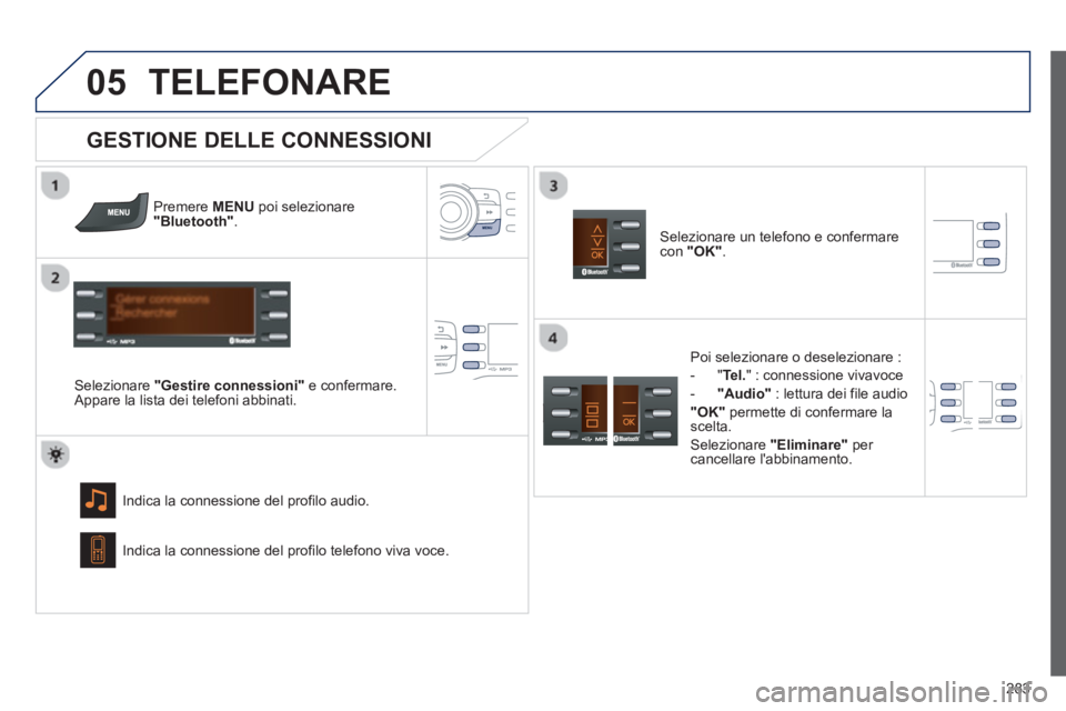 PEUGEOT 2008 2013  Manuale duso (in Italian)  
05
283
TELEFONARE
Premere MENU 
 poi selezionare"Bluetooth".
Selezionare "Gestire connessioni"e confermare. 
Appare la lista dei telefoni abbinati.  
Indica la connessione del profilo audio. 
   
GE