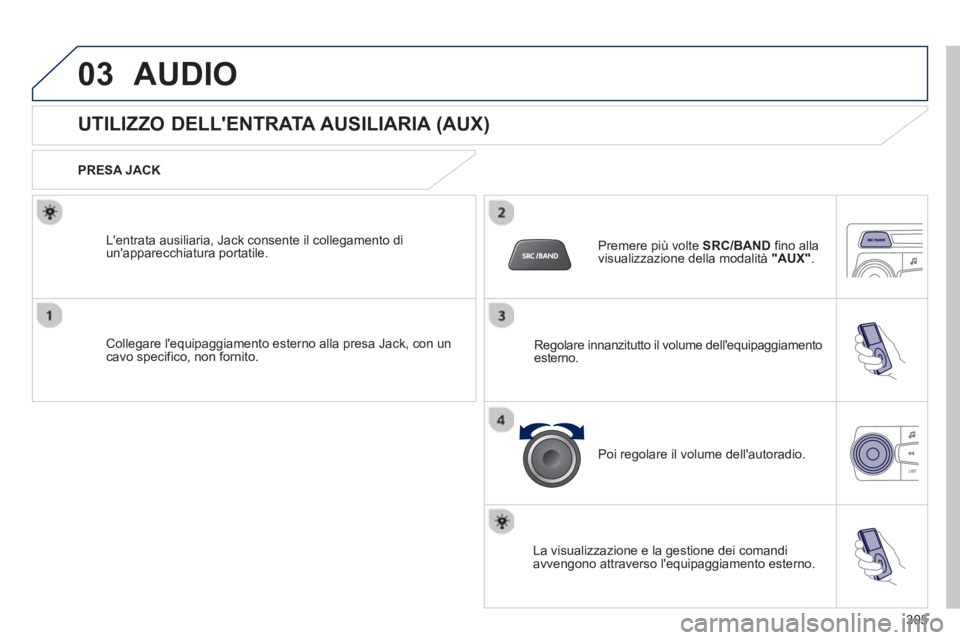 PEUGEOT 2008 2013  Manuale duso (in Italian) 03AUDIO 
   
 
 
 
 
 
 
 
 
 
 
 
UTILIZZO DELLENTRATA AUSILIARIA (AUX) 
 
 
PRESA JACK  
Collegare lequipaggiamento esterno alla presa Jack, con uncavo specifico, non fornito. Lentrata ausiliaria