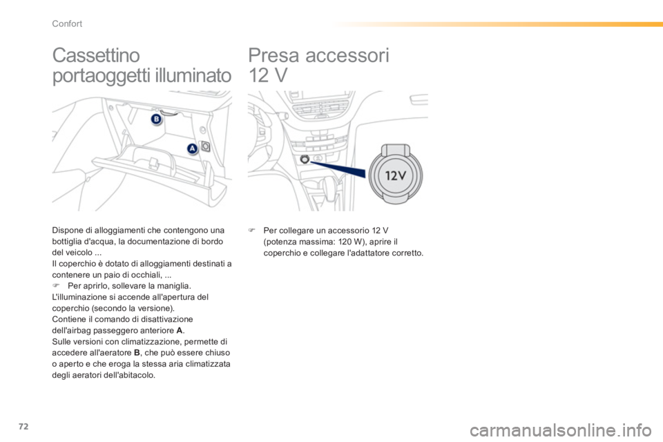 PEUGEOT 2008 2013  Manuale duso (in Italian) 72
Confort
   
 
 
 
 
Presa accessori 
12 V  
 
�) 
 Per collegare un accessorio 12 V(potenza massima: 120 W), aprire ilcoperchio e collegare ladattatore corretto.  
 
 
 
 
 
 
 
 
 
 
 
 
Cassetti