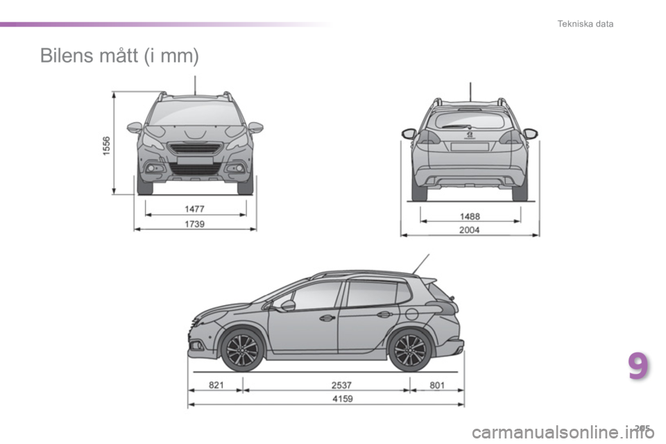 PEUGEOT 2008 2013  Bruksanvisningar (in Swedish) 9
205
Te k n i s k a  d a t a
   
 
 
 
 
Bilens mått (i mm)  
