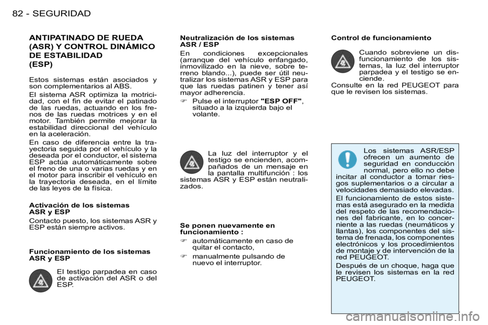 PEUGEOT 206 2008 Manual del propietario (in Spanish) SEGURIDAD
82 -
ANTIPATINADO DE RUEDA
(ASR) Y CONTROL DINÁMICO
DE ESTABILIDAD (ESP)Neutralización de los sistemas
ASR / ESP
En condiciones excepcionales
(arranque del vehículo enfangad PEUGEOT 206 2008 Manual del propietario (in Spanish) SEGURIDAD
82 -
ANTIPATINADO DE RUEDA
(ASR) Y CONTROL DINÁMICO
DE ESTABILIDAD (ESP)Neutralización de los sistemas
ASR / ESP
En condiciones excepcionales
(arranque del vehículo enfangad