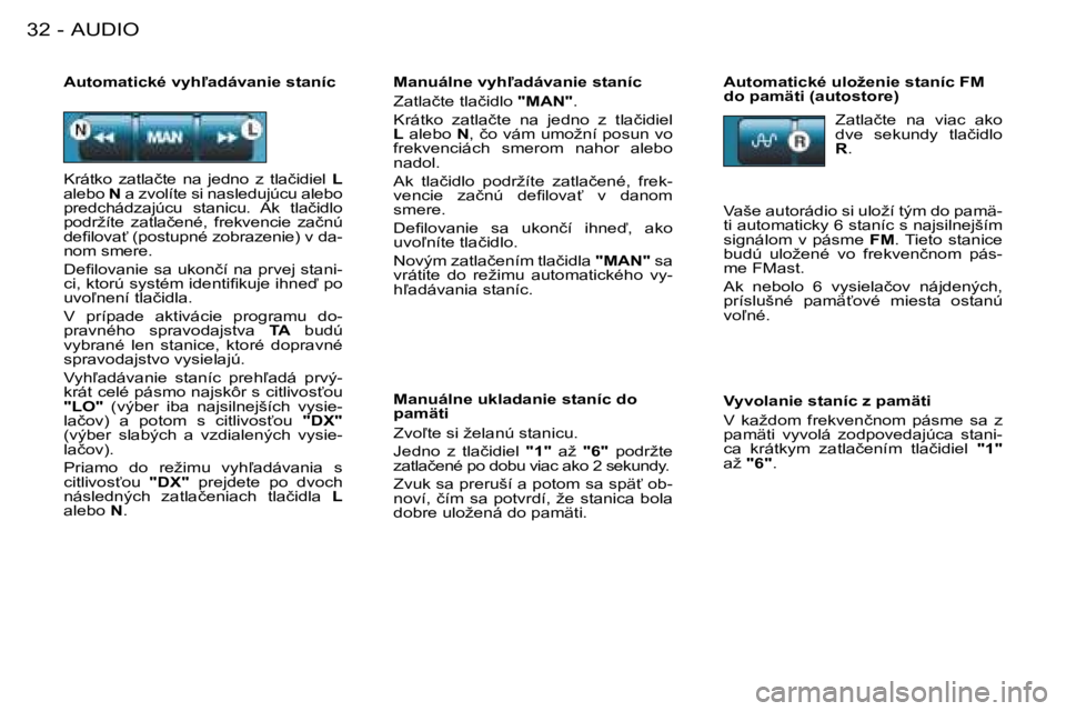 PEUGEOT 206 2008  Návod na použitie (in Slovakian) AUDIO
32 -
�M�a�n�u�á�l�n�e� �v�y�h-�a�d�á�v�a�n�i�e� �s�t�a�n�í�c 
�Z�a�t�l�a�č�t�e� �t�l�a�č�i�d�l�o�  "MAN"�.
�K�r�á�t�k�o�  �z�a�t�l�a�č�t�e�  �n�a�  �j�e�d�n�o�  �z�  �t�l�a�č�i�d�i�e�l�