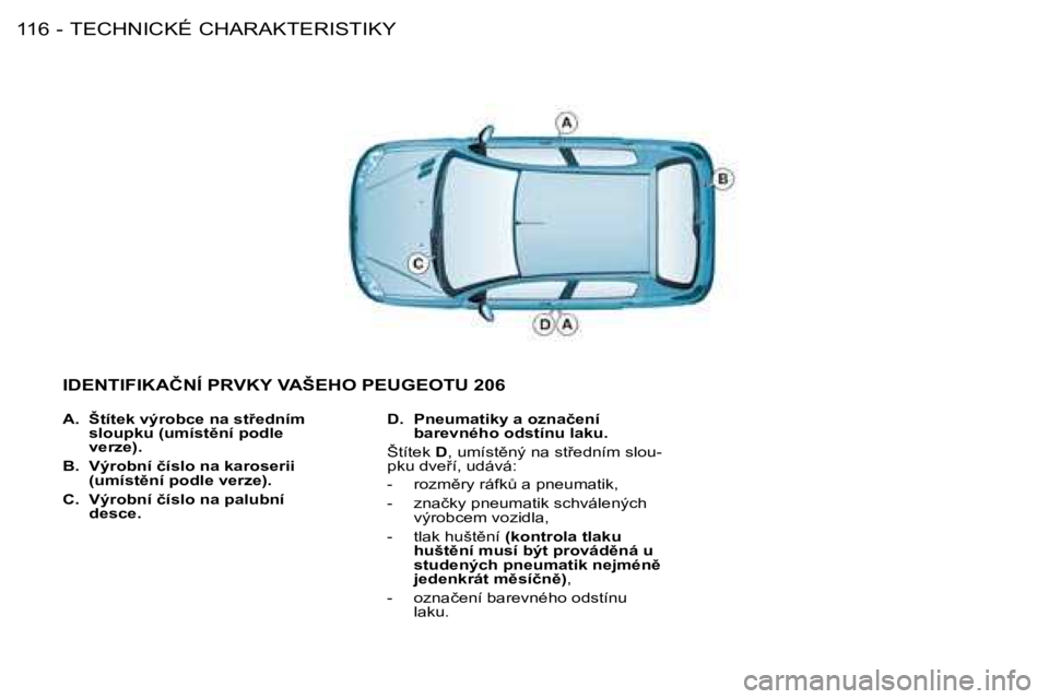 PEUGEOT 206 2008  Návod na použití (in Czech) TECHNICKÉ CHARAKTERISTIKY
116 -
A. �Š�t�í�t�e�k� �v�ý�r�o�b�c�e� �n�a� �s�t9�e�d�n�í�m�  
�s�l�o�u�p�k�u� �(�u�m�í�s�t)�n�í� �p�o�d�l�e� 
�v�e�r�z�e�)�.
B.  �V�ý�r�o�b�n�í� �č�í�s�l�o� �n
