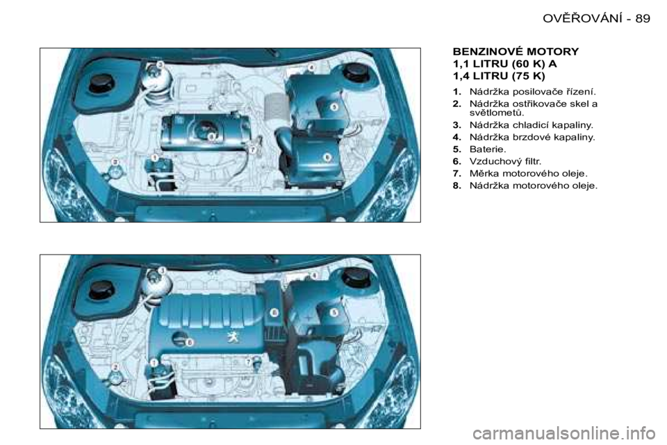PEUGEOT 206 2008  Návod na použití (in Czech) 89
�O�V(8�O�V�Á�N�Í
-
�B�E�N�Z�I�N�O�V�É� �M�O�T�O�R�Y� �  
�1�,�1� �L�I�T�R�U� �(�6�0� �K�)� �A� � 
�1�,�4� �L�I�T�R�U� �(�7�5� �K�)
1.�  �N�á�d�r�ž�k�a� �p�o�s�i�l�o�v�a�č�e� 9�í�z�e�n�í�