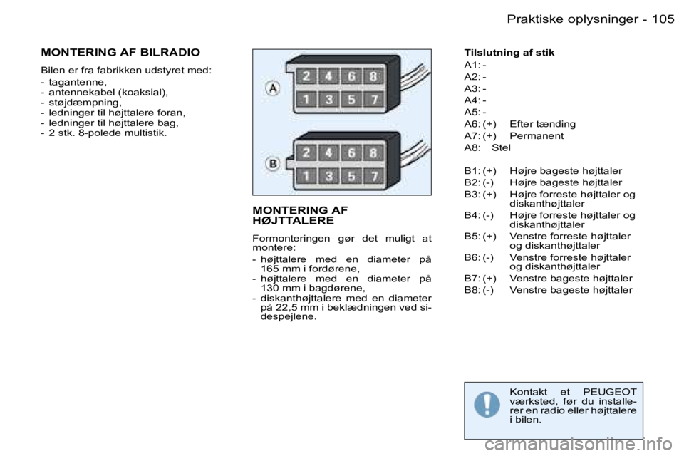 PEUGEOT 206 2007.5  Brugsanvisning (in Danish)  1 0 5
 -
 M O N T E R I N G   A F   
 H Ø J T T A L E R E
 F o r m o n t e r i n g e n    g ø r    d e t    m u l i g t    a t   
 m o n t e r e : 
 -    h ø j t t a l e r e    m e d    e n    d i