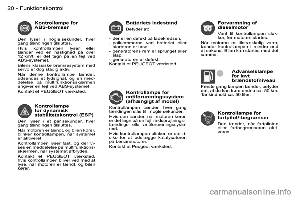 PEUGEOT 206 2007.5  Brugsanvisning (in Danish)  F u n k t i o n s k o n t r o l 2 0  -
 B a t t e r i e t s   l a d e s t a n d
 B e t y d e r   a t :
 -    d e r   e r   e n   d e f e k t   p å   l a d e k r e d s e n , 
 -    p o l k l e m m e 