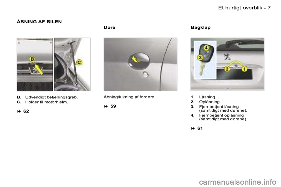 PEUGEOT 206 2007.5  Brugsanvisning (in Danish)  7 E t   h u r t i g t   o v e r b l i k -
 Å B N I N G   A F   B I L E N
 D ø r e
 Å b n i n g / l u k n i n g   a f   f o r d ø r e .
    5 9
 1 .    L å s n i n g .
 2 .     O p l å s n i 