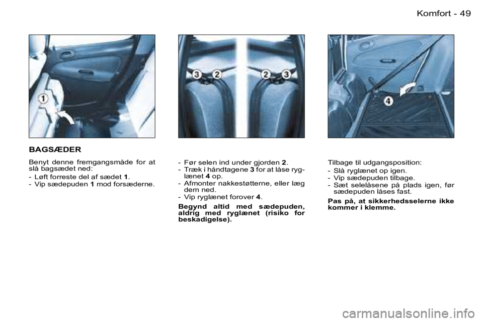 PEUGEOT 206 2007.5  Brugsanvisning (in Danish)  4 9 K o m f o r t -
 -    F ø r   s e l e n   i n d   u n d e r   g j o r d e n   2 .  
 -    T r æ k   i   h å n d t a g e n e    3   f o r   a t   l å s e   r y g -
 l æ n e t    4   o p .  
 