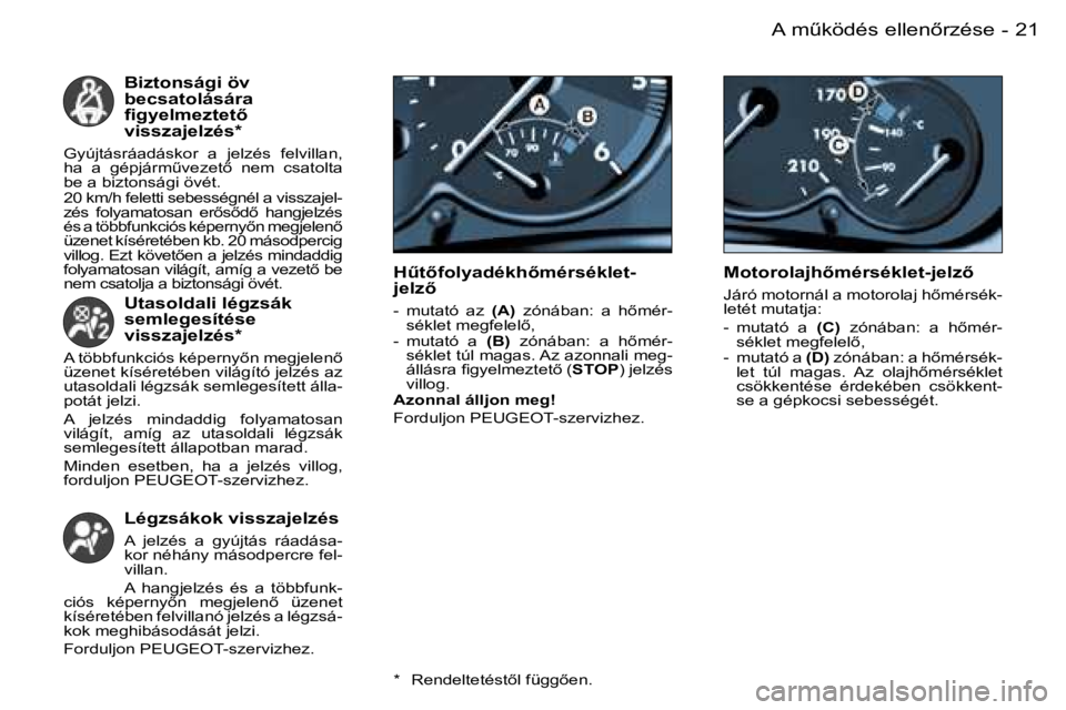 PEUGEOT 206 2007.5  Kezelési útmutató (in Hungarian)  2 1 A   mC k ö d é s   e l l e n5 r z é s e -
 B i z t o n s á g i   ö v   
 b e c s a t o l á s á r a  
 ﬁ g y e l m e z t e t5
 v i s s z a j e l z é s *
 G y ú j t á s r á a d á s