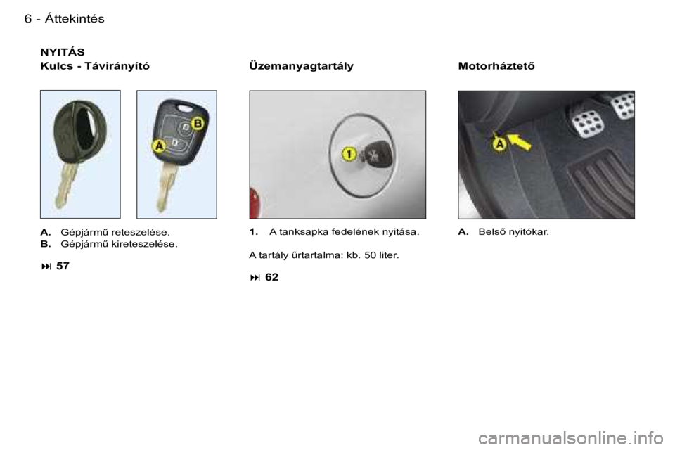 PEUGEOT 206 2007.5  Kezelési útmutató (in Hungarian)  Á t t e k i n t é s 6  -
 N Y I T Á S
 M o t o r h á z t e t5
 Ü z e m a n y a g t a r t á l y
 A .   G é p j á r mC   r e t e s z e l é s e .
 B .     G é p j á r mC   k i r e t e s z 