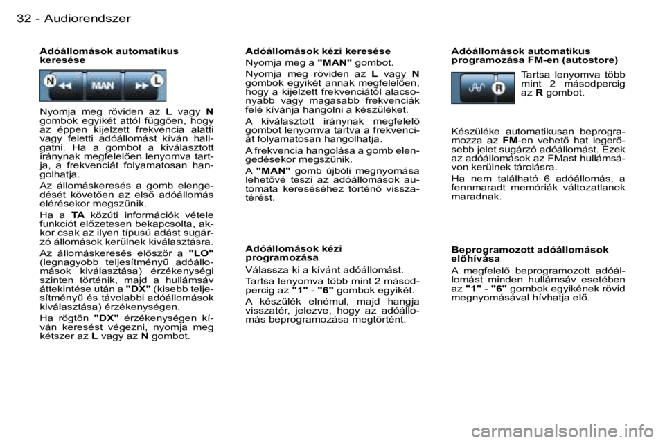 PEUGEOT 206 2007.5  Kezelési útmutató (in Hungarian)  A u d i o r e n d s z e r 3 2  -
 A d ó á l l o m á s o k   k é z i   k e r e s é s e 
 N y o m j a   m e g   a   " M A N "   g o m b o t .
 N y o m j a    m e g    r ö v i d e n    a z
