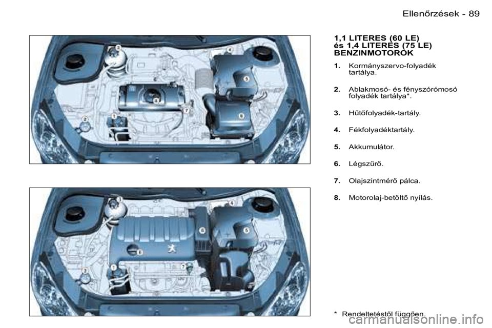 PEUGEOT 206 2007.5  Kezelési útmutató (in Hungarian)  8 9 E l l e n5 r z é s e k -
 1 , 1   L I T E R E S   ( 6 0   L E )     
 é s   1 , 4   L I T E R E S   ( 7 5   L E )  
 B E N Z I N M O T O R O K  
 1 .    K o r m á n y s z e r v o - f o l y a 