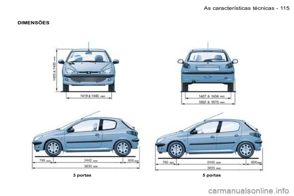 PEUGEOT 206 2007.5  Manual de utilização (in Portuguese)  1 1 5 A s   c a r a c t e r í s t i c a s   t é c n i c a s -
 D I M E N S Õ E S
 3   p o r t a s 5   p o r t a s  