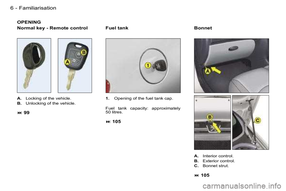 PEUGEOT 206 2006.5  Owners Manual �F�a�m�i�l�i�a�r�i�s�a�t�i�o�n�6 �-
�O�P�E�N�I�N�G
�B�o�n�n�e�t�F�u�e�l� �t�a�n�k
�A�.�  �L�o�c�k�i�n�g� �o�f� �t�h�e� �v�e�h�i�c�l�e�.
�B�.�  �U�n�l�o�c�k�i�n�g� �o�f� �t�h�e� �v�e�h�i�c�l�e�.
�� 