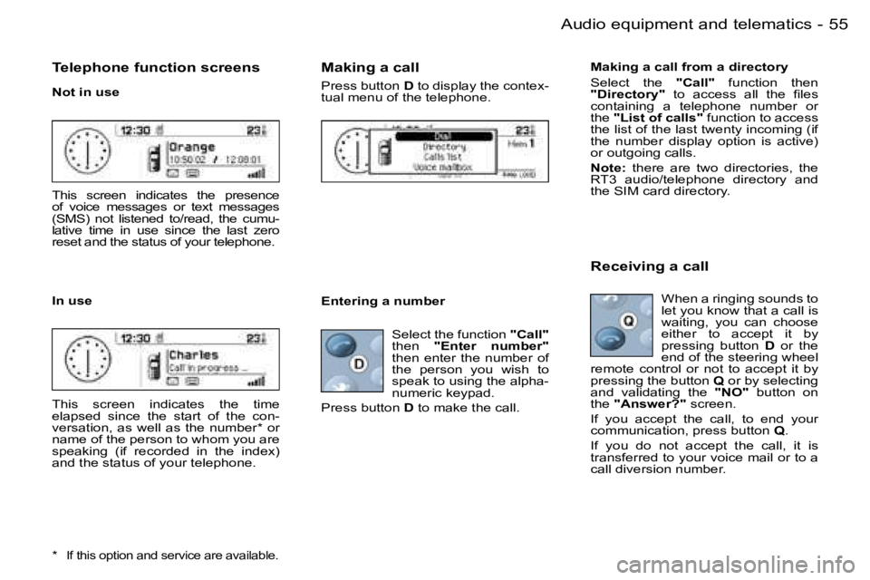 PEUGEOT 206 2006.5  Owners Manual �5�5
�-�A�u�d�i�o� �e�q�u�i�p�m�e�n�t� �a�n�d� �t�e�l�e�m�a�t�i�c�s
�T�e�l�e�p�h�o�n�e� �f�u�n�c�t�i�o�n� �s�c�r�e�e�n�s
�N�o�t� �i�n� �u�s�e
�T�h�i�s�  �s�c�r�e�e�n�  �i�n�d�i�c�a�t�e�s�  �t�h�e�  �p