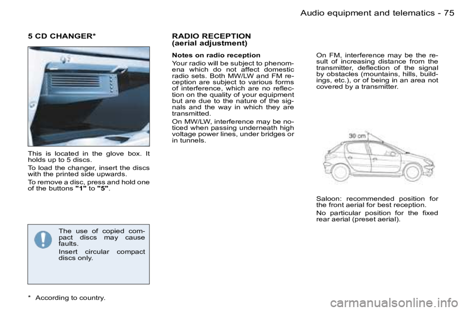 PEUGEOT 206 2006.5  Owners Manual �7�5
�-�A�u�d�i�o� �e�q�u�i�p�m�e�n�t� �a�n�d� �t�e�l�e�m�a�t�i�c�s
�5� �C�D� �C�H�A�N�G�E�R�*
�T�h�i�s�  �i�s�  �l�o�c�a�t�e�d�  �i�n�  �t�h�e�  �g�l�o�v�e�  �b�o�x�.�  �I�t� �h�o�l�d�s� �u�p� �t�o� 