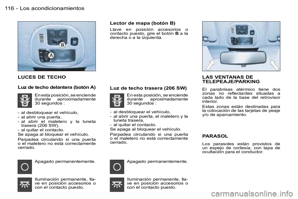 PEUGEOT 206 2006.5  Manual del propietario (in Spanish) �L�o�s� �a�c�o�n�d�i�c�i�o�n�a�m�i�e�n�t�o�s�1�1�6 �-
�L�U�C�E�S� �D�E� �T�E�C�H�O
�L�u�z� �d�e� �t�e�c�h�o� �d�e�l�a�n�t�e�r�a� �(�b�o�t�ó�n� �A�)
�L�e�c�t�o�r� �d�e� �m�a�p�a� �(�b�o�t�ó�n� �B�)
�