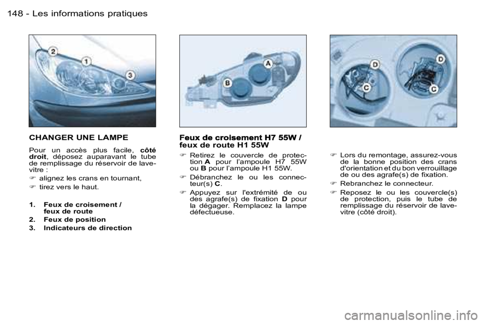 PEUGEOT 206 2006.5  Manuel du propriétaire (in French) �L�e�s� �i�n�f�o�r�m�a�t�i�o�n�s� �p�r�a�t�i�q�u�e�s�1�4�8 �-
�f�e�u�x� �d�e� �r�o�u�t�e� �H�1� �5�5�W
��  �R�e�t�i�r�e�z�  �l�e�  �c�o�u�v�e�r�c�l�e�  �d�e�  �p�r�o�t�e�c�-�t�i�o�n� �A�  �p�o�u�r�