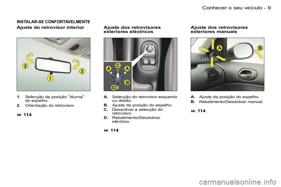 PEUGEOT 206 2006.5  Manual de utilização (in Portuguese) �9�C�o�n�h�e�c�e�r� �o� �s�e�u� �v�e�í�c�u�l�o�-
�I�N�S�T�A�L�A�R�-�S�E� �C�O�N�F�O�R�T�A�V�E�L�M�E�N�T�E
�A�j�u�s�t�e� �d�o�s� �r�e�t�r�o�v�i�s�o�r�e�s�  
�e�x�t�e�r�i�o�r�e�s� �e�l�é�c�t�r�i�c�o�s