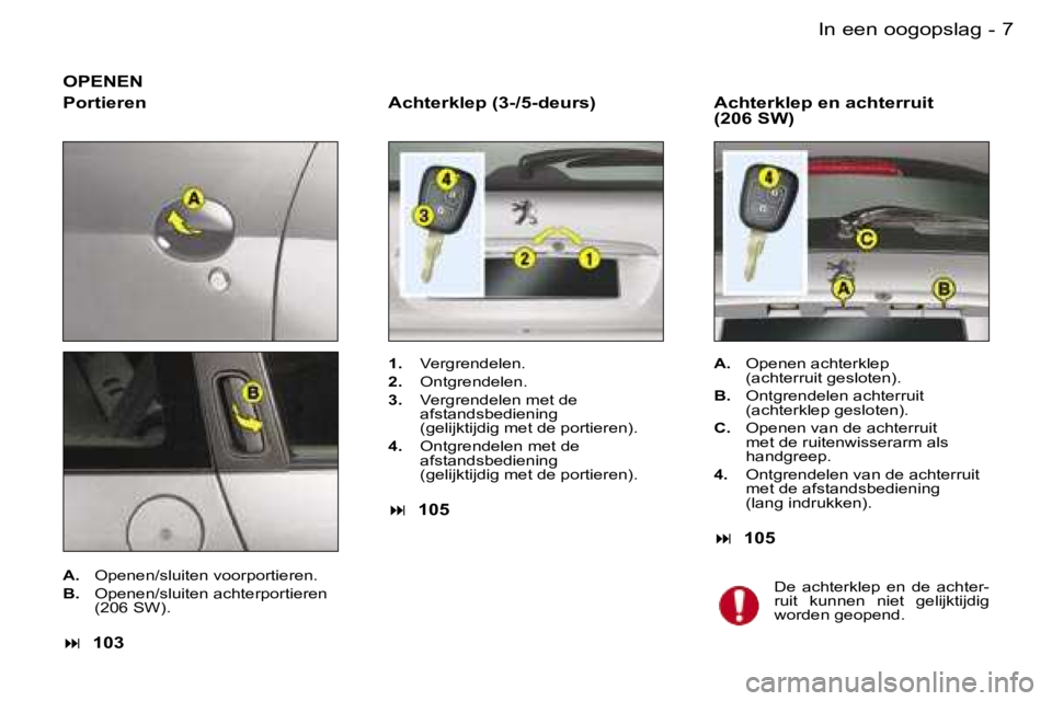 PEUGEOT 206 2006  Instructieboekje (in Dutch) �7�I�n� �e�e�n� �o�o�g�o�p�s�l�a�g�-
�A�c�h�t�e�r�k�l�e�p� �e�n� �a�c�h�t�e�r�r�u�i�t� �  
�(�2�0�6� �S�W�)
�O�P�E�N�E�N
�P�o�r�t�i�e�r�e�n
�A�.�  �O�p�e�n�e�n�/�s�l�u�i�t�e�n� �v�o�o�r�p�o�r�t�i�e�r�