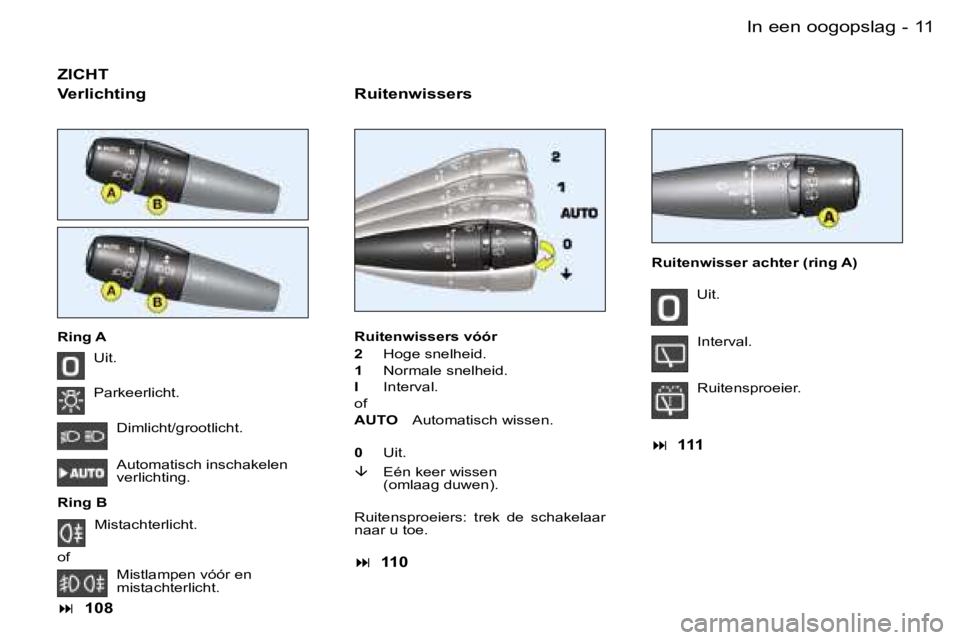 PEUGEOT 206 2006  Instructieboekje (in Dutch) �1�1�I�n� �e�e�n� �o�o�g�o�p�s�l�a�g�-
�Z�I�C�H�T
�R�u�i�t�e�n�w�i�s�s�e�r�s
�U�i�t�. 
�P�a�r�k�e�e�r�l�i�c�h�t�.�D�i�m�l�i�c�h�t�/�g�r�o�o�t�l�i�c�h�t�. 
�A�u�t�o�m�a�t�i�s�c�h� �i�n�s�c�h�a�k�e�l�e�