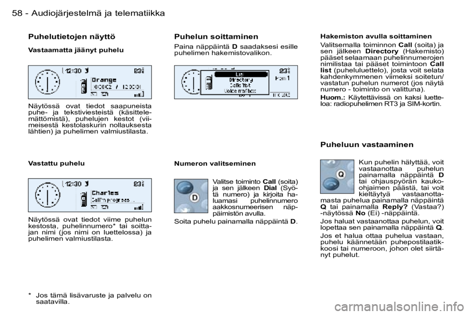 PEUGEOT 206 2006  Omistajan Käsikirja (in Finnish) �5�8 �-�A�u�d�i�o�j�ä�r�j�e�s�t�e�l�m�ä� �j�a� �t�e�l�e�m�a�t�i�i�k�k�a
�P�u�h�e�l�u�t�i�e�t�o�j�e�n� �n�ä�y�t�t�ö
�V�a�s�t�a�a�m�a�t�t�a� �j�ä�ä�n�y�t� �p�u�h�e�l�u 
�N�ä�y�t�ö�s�s�ä�  �o�v�