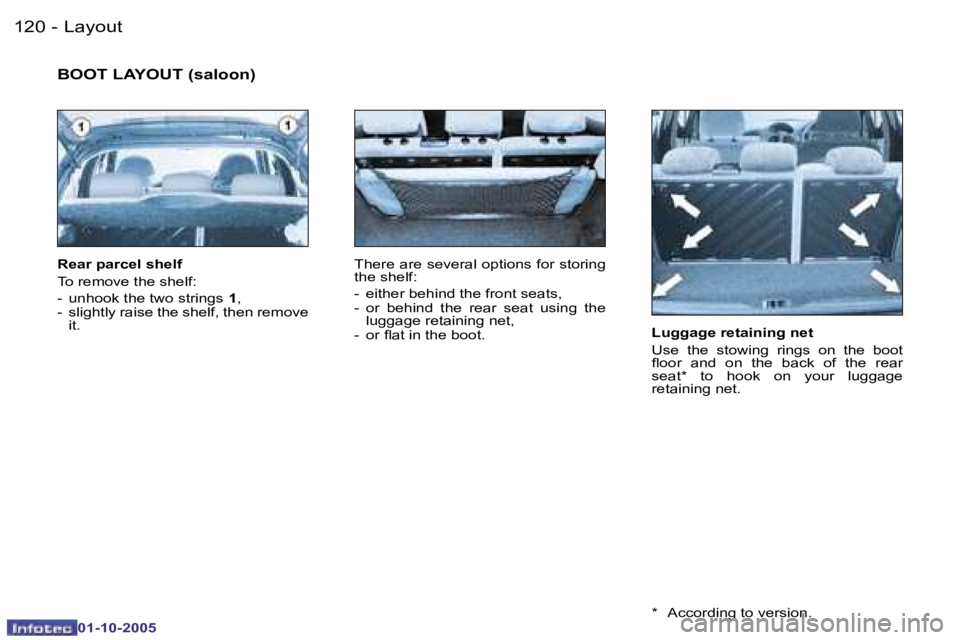 PEUGEOT 206 2005.5  Owners Manual �L�a�y�o�u�t�1�2�0 �-
�0�1�-�1�0�-�2�0�0�5
�1�2�1�L�a�y�o�u�t�-
�0�1�-�1�0�-�2�0�0�5
�L�u�g�g�a�g�e� �r�e�t�a�i�n�i�n�g� �n�e�t 
�U�s�e�  �t�h�e�  �s�t�o�w�i�n�g�  �r�i�n�g�s�  �o�n�  �t�h�e�  �b�o�o�