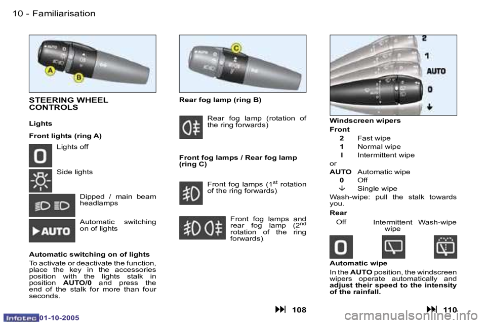 PEUGEOT 206 2005.5  Owners Manual �F�a�m�i�l�i�a�r�i�s�a�t�i�o�n�1�0 �-
�0�1�-�1�0�-�2�0�0�5
�1�1�F�a�m�i�l�i�a�r�i�s�a�t�i�o�n�-
�0�1�-�1�0�-�2�0�0�5
�S�T�E�E�R�I�N�G� �W�H�E�E�L�  
�C�O�N�T�R�O�L�S
�L�i�g�h�t�s 
�F�r�o�n�t� �l�i�g�h