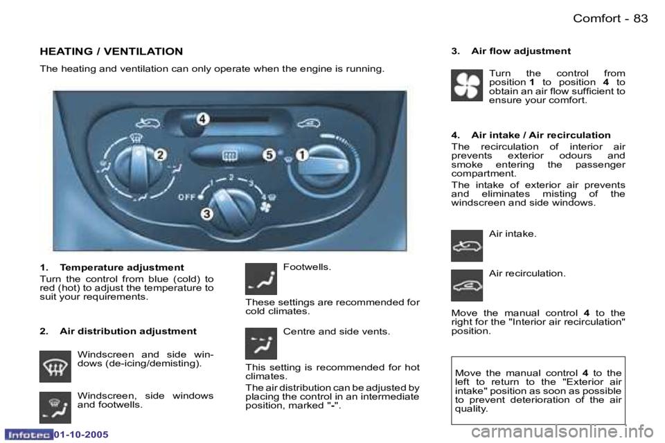 PEUGEOT 206 2005.5  Owners Manual �C�o�m�f�o�r�t�8�2 �-
�0�1�-�1�0�-�2�0�0�5
�8�3�C�o�m�f�o�r�t�-
�0�1�-�1�0�-�2�0�0�5
�H�E�A�T�I�N�G� �/� �V�E�N�T�I�L�A�T�I�O�N
�T�h�e� �h�e�a�t�i�n�g� �a�n�d� �v�e�n�t�i�l�a�t�i�o�n� �c�a�n� �o�n�l�y