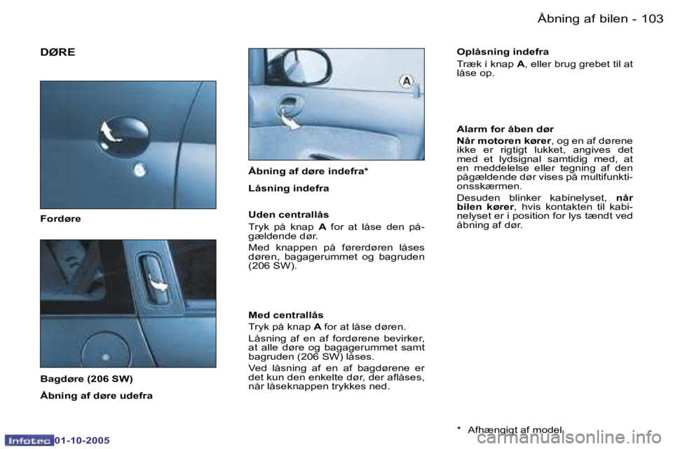 PEUGEOT 206 2005.5  Brugsanvisning (in Danish) �Å�b�n�i�n�g� �a�f� �b�i�l�e�n�1�0�2 �-
�0�1�-�1�0�-�2�0�0�5
�1�0�3�Å�b�n�i�n�g� �a�f� �b�i�l�e�n�-
�0�1�-�1�0�-�2�0�0�5
�D�Ø�R�E
�F�o�r�d�ø�r�e 
�B�a�g�d�ø�r�e� �(�2�0�6� �S�W�) 
�Å�b�n�i�n�g� 
